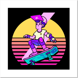 Cyberpunk Skateboarder With Retro Sunset Posters and Art